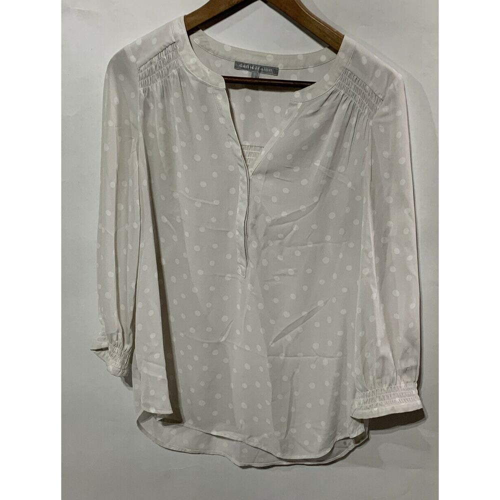 Daniel Rainn Sz S Women Gray Sheer Peasant Boho Blouse Insets polka dot